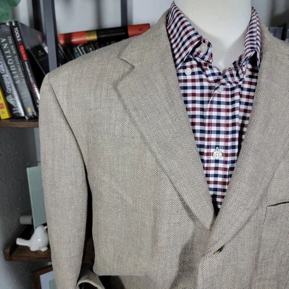 Eddie Bauer Men's Sport Coat Blazer Two Button Beige Herringbone Irish Linen 44R